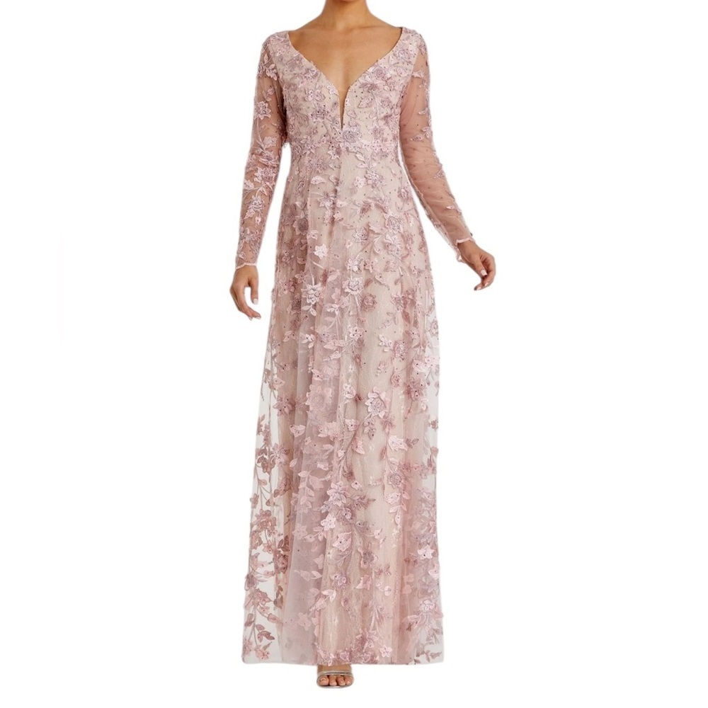 NEW Mac Duggal Pink Floral Applique Long Sleeve Illusion Gown - Picture 1 of 7